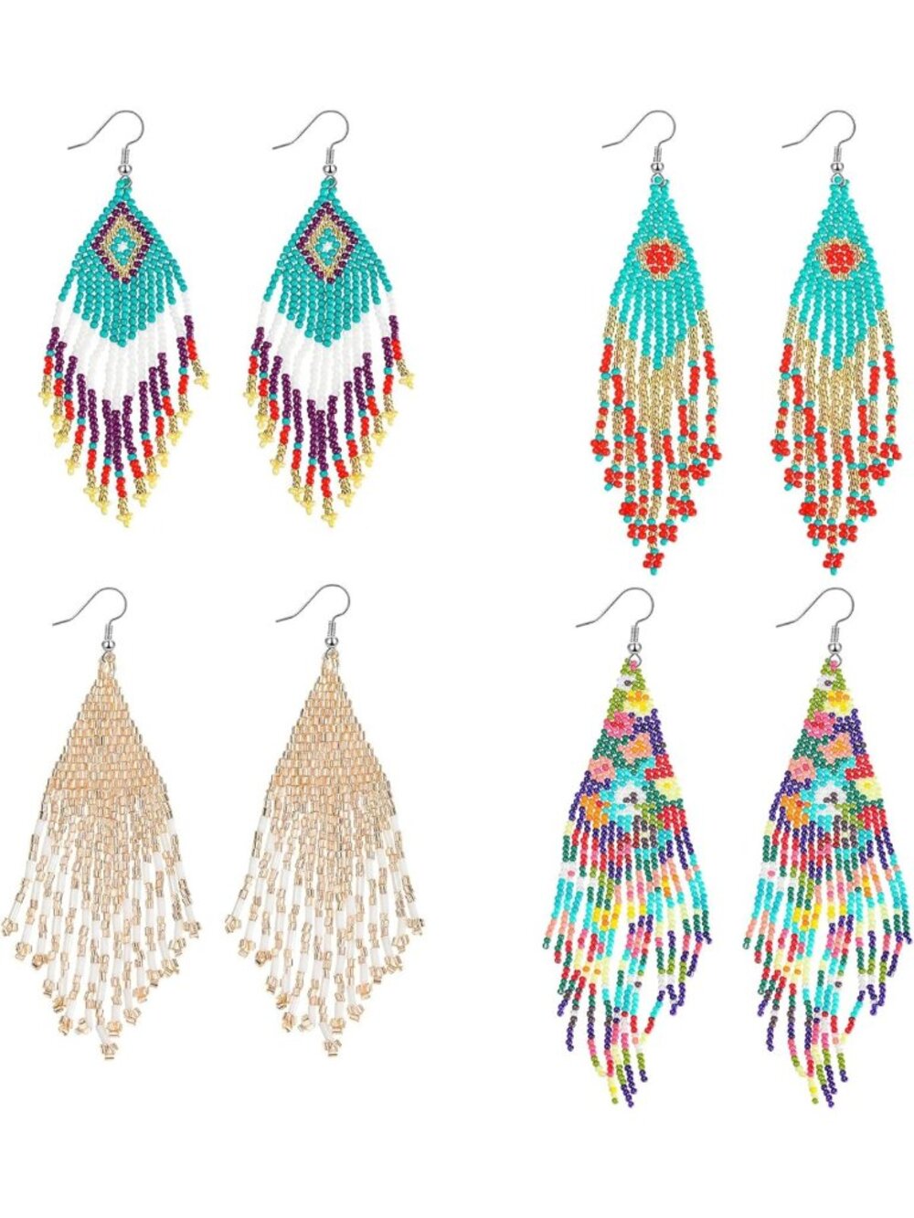 Colorful Handmade Beaded Tassel Earrings - Boho Fringe Drop Jewelry, 4 Pairs